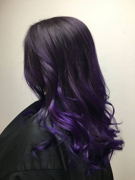 Dark Hair Purple Underneath, Purple Ombre Hair With Money Piece, Black Hair With Dark Purple Underneath, Black Dark Purple Hair, Black And Purple Hair Extensions, Purple Melt Hair, Dark Purple On Black Hair, Dark Purple Underneath Hair Brown, Hairdye Ideas Purple