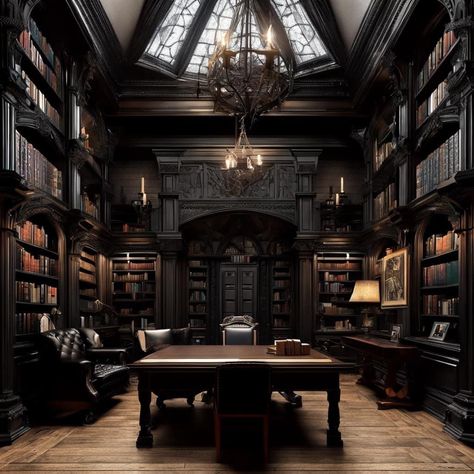 Victorian Gothic Office, Fantasy Study Room, Mansion Library, Goth Mansion, Gothic Study, Wing Aesthetic, Goth Castle, Black Mansion, Log Cabin Mansions