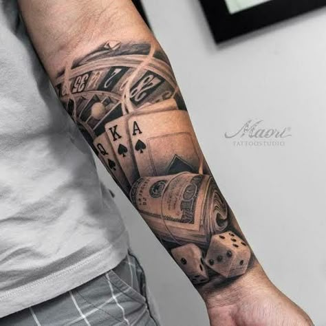 Casino Tattoo Sleeve, Gambler Tattoo, Dice Tattoo Design, Julian Tattoo, Poker Tattoo, Casino Tattoo, Men Tattoos Arm, Tattoos Arm Sleeve, Dice Tattoo