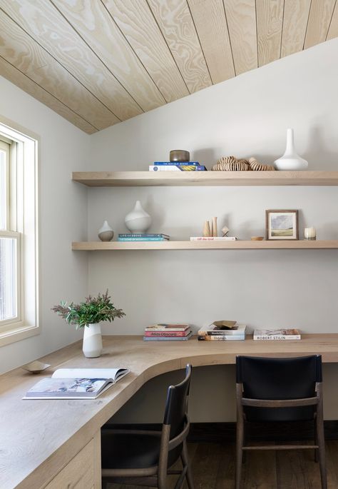 Home Tour | Find Sweet Solace at Jennifer Robin Interiors’ Sugar Bowl Project — Scout & Nimble Office Vaulted Ceiling, Built In Desk Shelves, Corner Built In Desk And Shelves, Bedroom Desk Built In, Built In Corner Desk And Shelves, Curved Desk Office, Desk Built In, Built In Study Desk, Home Office Floating Desk