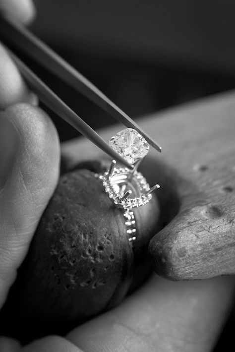 A master craftsman carefully sets a diamond in a David Yurman ring. David Yurman Engagement Ring, Yurman Ring, Cushion Diamond Ring, Stunning Engagement Rings, Jewelry Product Shots, David Yurman Ring, Working Hands, Jewelry Photography Styling, Jewelry Editorial