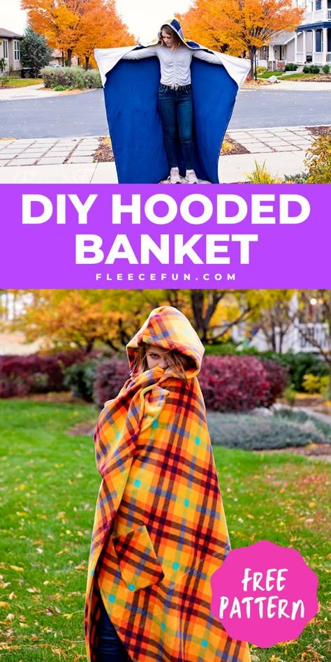 Diy Hooded Blanket, Hooded Blanket Sewing Pattern, Wearable Blankets, Fleece Blanket Diy, Fleece Sewing, Fleece Sewing Projects, Fleece Shawl, Fleece Projects, Blanket Tutorial