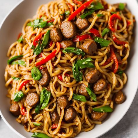 How To Make Sausage & Noodle Stir-Fry Print Cheap, versatile, and tasty, sausages are the one ingredient that will keep you satisfi Sausage Noodles Recipes, Italian Sausage Stir Fry, Sausage Stir Fry Recipes, Stir Fry Ideas, Sausage Noodles, Week Day Meals, Fry Ideas, Farmer Sausage, Sausage Stir Fry