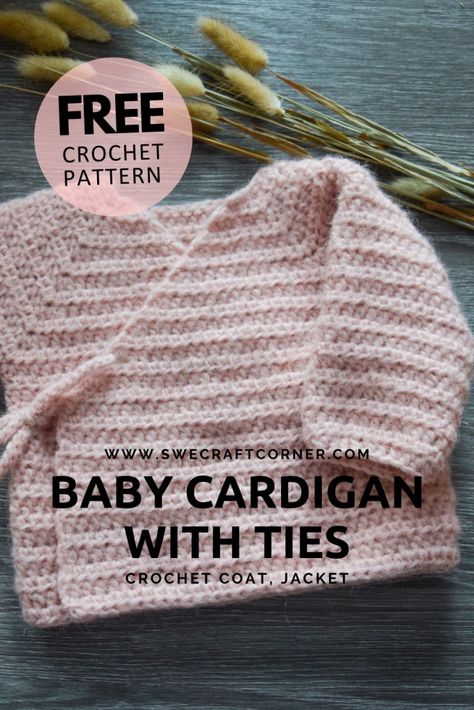 FREE crochet pattern – Baby cardigan with ties | Swecraftcorner Crochet Newborn Pullover Sweater, Simple Cardigan Crochet Pattern Free, Newborn Crochet Free Pattern, Baby Sweaters Crochet Free Pattern, Newborn Cardigan Knitting Pattern Free, Newborn Cardigan Crochet Pattern Free, Baby Crochet Clothes Patterns Free, Crochet Baby Cardigan Free Pattern Granny Square, Newborn Sweater Crochet Pattern Free