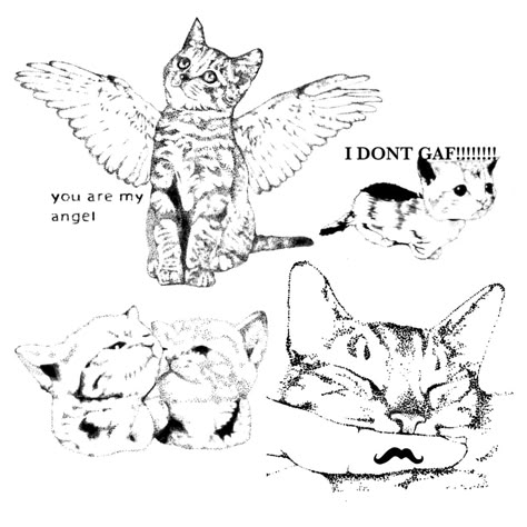 cat pointillism tattoo flash :3 Cat Tattoo Dotwork, Goofy Cat Tattoo, Black Kitten Tattoo, Cat With Angel Wings Tattoo, Punk Cat Tattoo, Vintage Cat Tattoo, White Cat Tattoo, Y2k Tattoos, Meow Tattoo