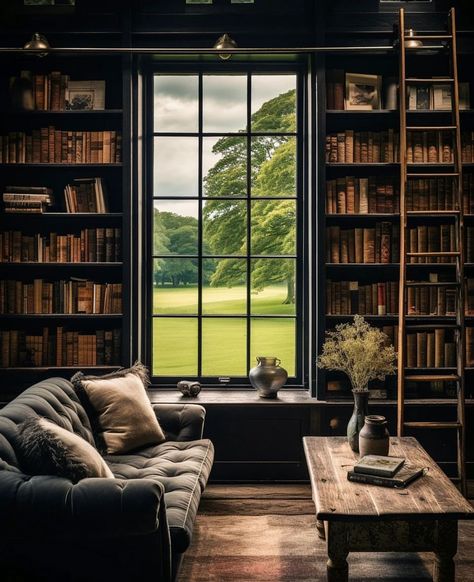 Modern Dark Academia, Dark Academia House, Dark Academia Living Room, Academia House, Dark Academia Interior, Dark Academia Home, Home Library Rooms, Mind Palace, Dark Academia Decor