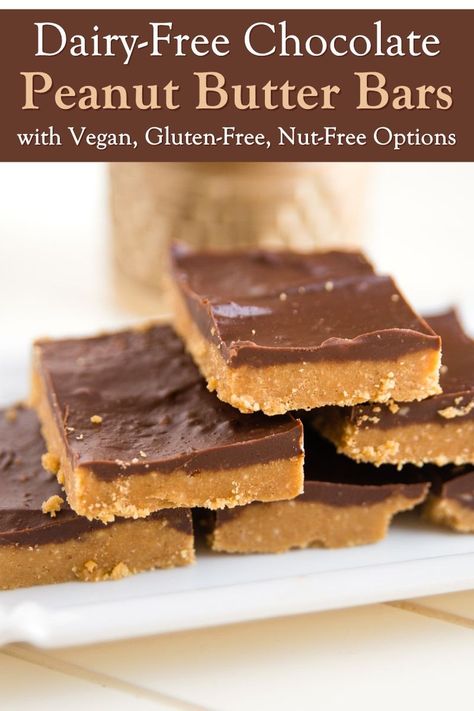 Dairy-Free Chocolate Peanut Butter Bars Recipe (Mom-made, kid-approved!) - includes vegan, gluten-free, peanut-free, and nut-free options Dairy Free Peanut Butter Cups, Dairy Free Bars Recipes, No Bake Chocolate Peanut Butter Bars Gluten Free, Dairy Free Peanut Butter Dessert, Gluten Free Dairy Free Bars, Gluten Free Desserts Peanut Butter, Gluten Free Peanut Butter Bars, Protein For Kids, Gluten Free Dessert Bars