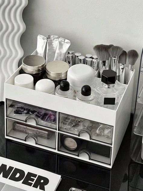 1pc ABS Makeup Storage Box, Multi-grid Large Capacity Cosmetic Box, For HomeI discovered amazing products on SHEIN.com, come check them out! Makeup Storage Cabinet, Bathroom Vanity Organization, Dressing Table Decor, Acrylic Shelf, Makeup Storage Box, Dresser Organization, Cosmetic Display, Vanity Ideas, Elegant Makeup