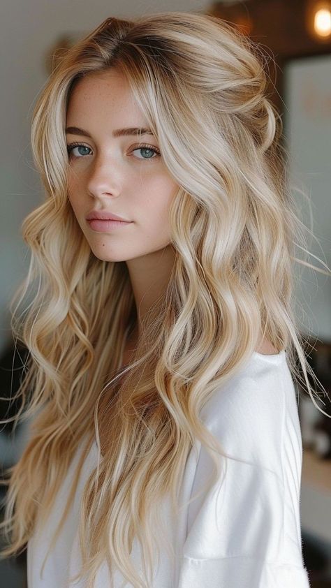 Low Maintenance Wedding Hair, Wedding Hair Relaxed, Loose Beach Waves Wedding Hair, All Down Wedding Hair Down Hairstyles, Retro Bride Hairstyles, Quarter Up Wedding Hair, Half Up Half Down Wedding Hair Long Blonde, Bridesmaid Hair Volume, Side Part Hairstyles Wedding