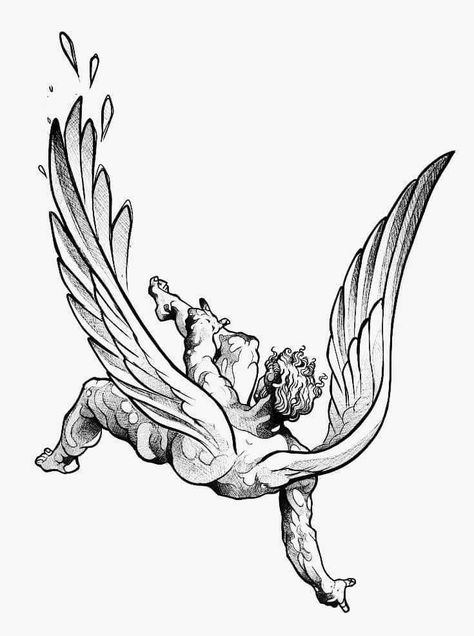 Icarus Tattoo Drawing, Creation Of Man Tattoo Design, Super Detailed Tattoos, Carravagio Tattoo, Angel Vs Demon Tattoo Design, Greek Simple Tattoo, Fallen Angel Art Draw, Icarus Tattoo Stencil, Falling Angles Tattoos