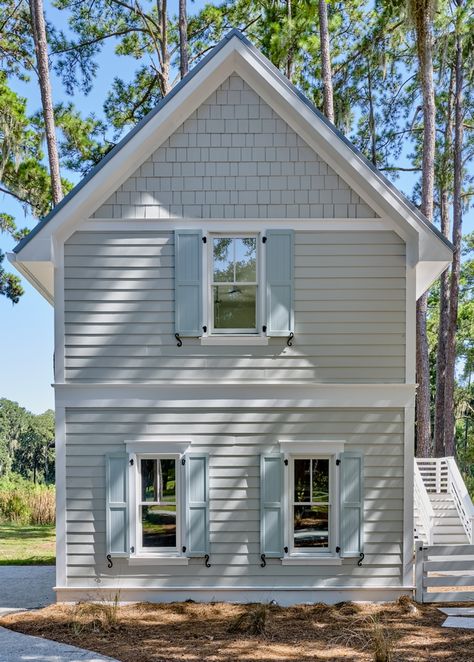 Stonington Gray, Beach House Tour, Gray House Exterior, Island Beach House, Lake Houses Exterior, House Paint Color Combination, House Shutters, Blue Shutters, Beach House Exterior