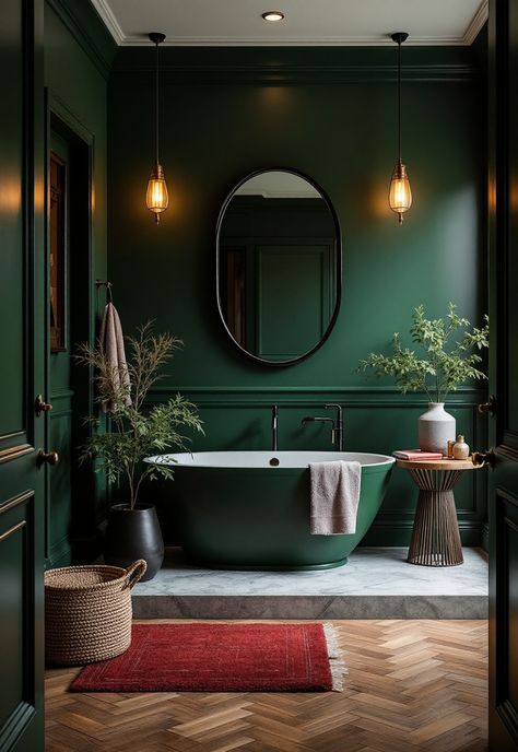 Green Bathroom Decor Forest Green Bathroom, Green Wc, Green Bathroom Decor Ideas, Emerald Green Bathroom, Light Green Bathrooms, Emerald Green Paint, Forest Bathroom, Dark Green Bathrooms, Green Bathroom Decor