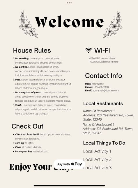 Air Bnb Tips, Airbnb House Rules, Hotel Operations, Lodge Ideas, Airbnb House, Airbnb Design, Hotel Plan, Welcome Card, Downloadable Templates