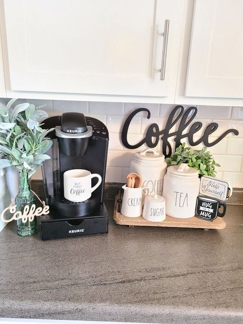 Budget Coffee Bar, Coffee Bar Ideas Kitchen, Small Coffee Bar, Kaffe Station, Coffee Bar Ideas Kitchen Counter, Coffee Station Kitchen, Coffee Counter, Kitchen Countertop Decor, Brick Cottage