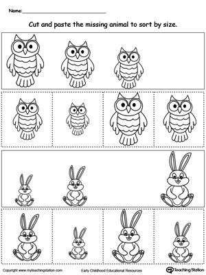 Animal Sorting by Size: Owl and Rabbit: Help your child practice sorting and comparing sizes by placing the pictures in order by size in this animal sorting printable worksheet. In this activity, your child will cut and place the correct size animal in the blank spot. Kindergarten Math Worksheets Printables, Worksheet For Nursery, Worksheet For Nursery Class, Sorting By Size, Animal Sorting, Sort By Size, Lkg Worksheets, Nursery Worksheets, Size Sorting