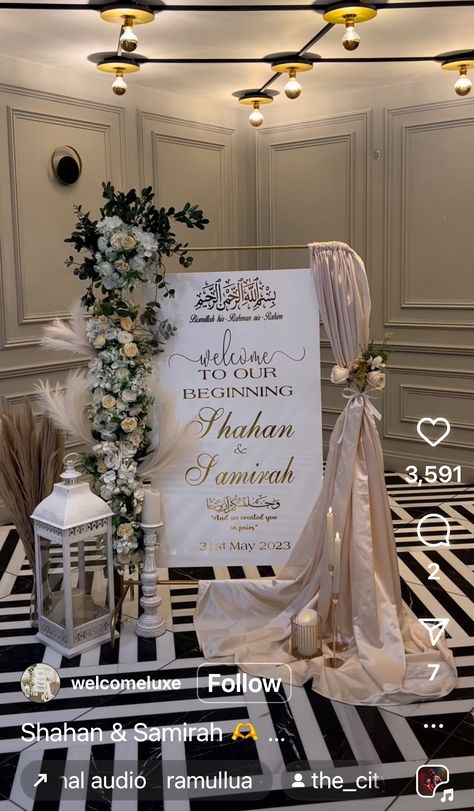 Nikah Setup Ideas, Entrance Engagement Decor, Marquee Nikkah, Nikkah Entrance Board, White Wedding Decor Elegant Indoor, Nikkah Set Up At Home, Nikkah Entrance Sign, At Home Nikkah Decor, Katb Kitab Decoration