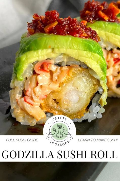 Godzilla Roll (Sushi) Godzilla Sushi Roll, Sushi Spicy Crab, Gourmet Sushi Recipes, San Antonio Roll Sushi Recipe, Tempura Shrimp Sushi Bowl, California Hand Roll, Crab Sushi Roll Recipes, Sushi Pockets Recipe, Veggie Sushi Recipes