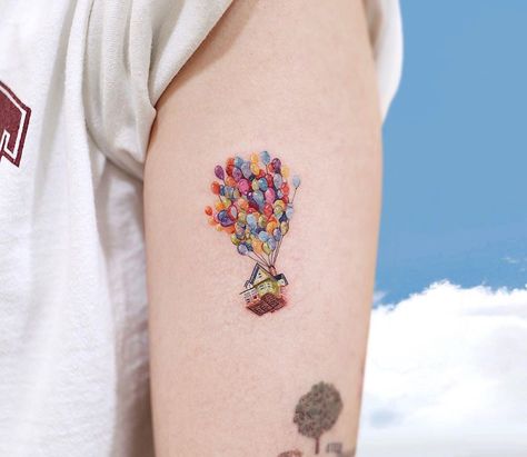 Up tattoo inspo from South Korean tattoo artist @tattooist_pencil. Click the link for more tattoos inspired by the wonderful world of Disney 🏰#disneytattoo #tattooinspiration #tattooinspo #tattoos #tattoo #up #uptattoo #colortattoo #tinytattoo #smalltattoo #biceptattoo South Korean Tattoo, Tiny Disney Tattoo, Cute Disney Tattoos, Disney Inspired Tattoos, Korean Tattoo, Art Inspired Tattoos, Korean Tattoo Artist, Korean Tattoos, Theme Tattoo