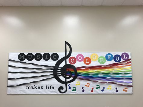 Elementary Music room bulletin board. "Music makes life colorful"  Bright, rainbow, cheerful colors. Perfect for music in our schools month & music advocacy! Music Room Bulletin Boards, Room Bulletin Board, Music Classroom Bulletin Boards, Music Bulletin Board, Elementary Music Room, Music Bulletin Boards, Music Classroom Decor, Art Bulletin Boards, Elementary Music Class