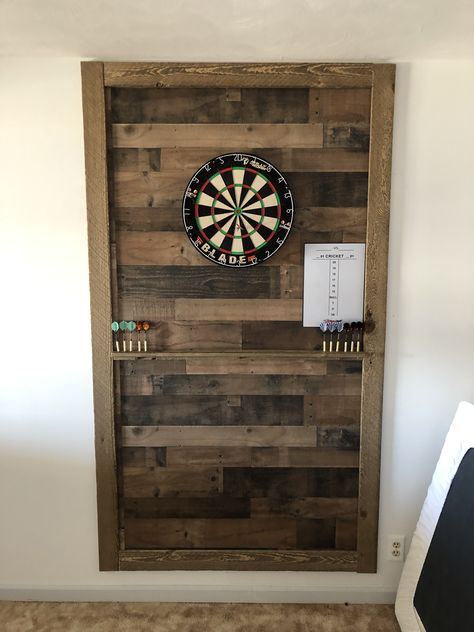 Dart Board Wood Wall, Barnwood Dart Board Wall, Wood Dart Board Wall, Wood Trim Basement, Dartboard Wall Ideas, Dart Board Wall Ideas Diy, Basement Dart Board Wall, Dart Board Backboard Diy, Outside Dart Board Ideas