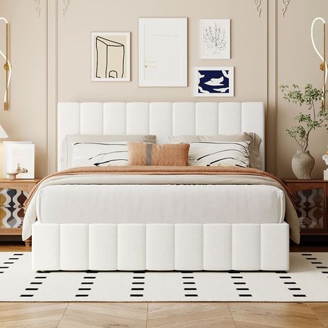 This beautiful Upholstered Platform Bed features upholstered headboard that adds a contemporary chic look to your bedroom and filled in thick foam to add extra comfort. Bed Headboard Ideas Aesthetic, Aesthetic Bed Frame, Bedroom Ideas Preppy, Vanilla Girl Room, Girl Room Ideas, Bed Color, Bed Headboard, Headboard Designs, Redecorate Bedroom