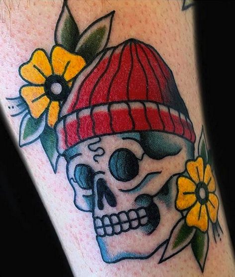 Skull with Beanie Tattoo Beanie Tattoo, Will Tattoo, Team Zissou, Satanic Tattoos, Food Tattoos, Tattoo Concepts, Flash Sheet, Tatuaje A Color, Red Beanie