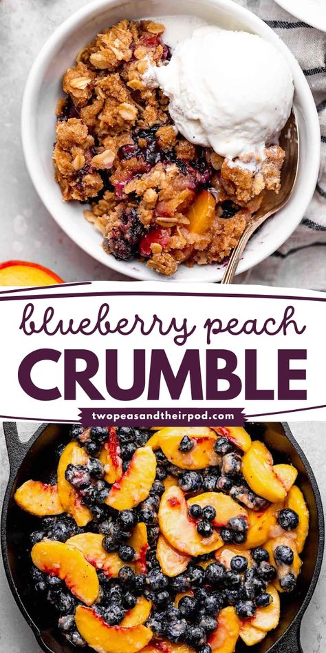 Looking for a delicious summer dessert? This Blueberry Peach Crumble starts with fresh blueberries and peaches covered with a sweet crumble topping and baked to perfection! This recipe also makes the best fruity Spring dessert! Blueberry Peach Dessert Recipes, Peaches Blueberry Recipes, Blueberry And Peach Crisp, Blueberry Peach Desserts, Blueberry Peach Cobbler Recipes, Frozen Peaches Recipes Healthy, Summer Blueberry Desserts, Blueberry Crumble Recipe, Fruity Summer Desserts