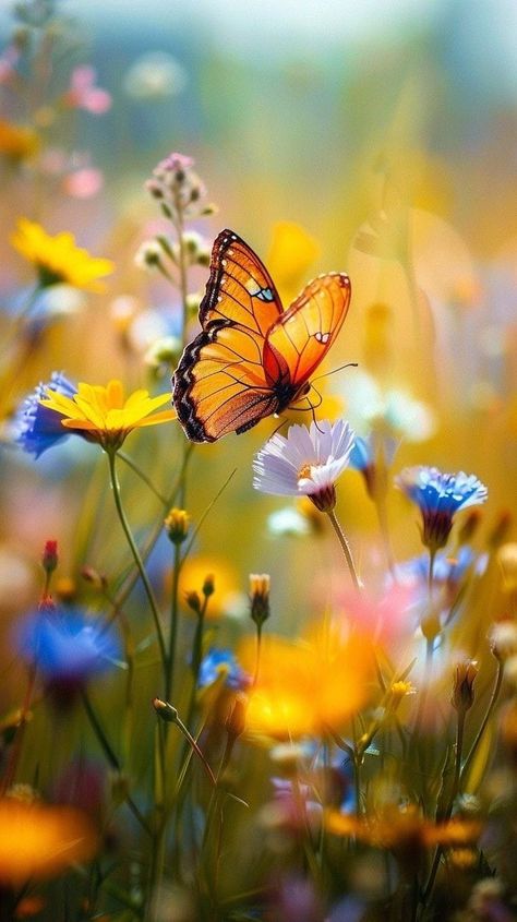 Butterfly On Flower Aesthetic, Monarch Butterfly Phone Wallpaper, Flower Field Pictures, Butterfly In Nature, Field Of Butterflies, Butterflies On Flowers, Meadow Aesthetic, Wildflowers Aesthetic, Butterflies Aesthetic