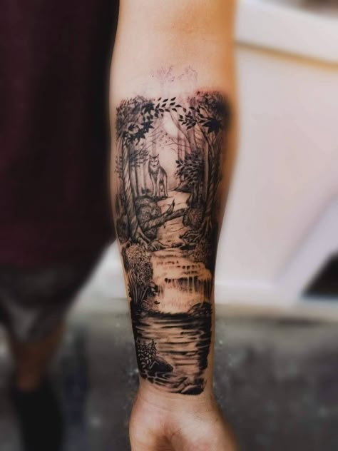 #tattoo #wolf #river #forest #flowers Garden Tattoo Sleeve Men, Forest And River Tattoo, River Tattoos For Women, Abstract River Tattoo, Creek Tattoo Ideas, River Tattoo For Women, River Tattoo Ideas, Minecraft End Poem, River Tattoos