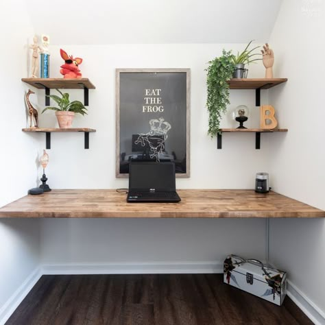 How to Make a Floating Desk that's Simple, Sturdy & Inexpensive Diy Butcher Block Desk, Long Desk Along Wall, Diy Wall Desk, Floating Desk Diy, Diy Wall Mounted Desk, Floating Desk Ideas, Diy Floating Desk, Diy Wood Desk, Mounted Desk