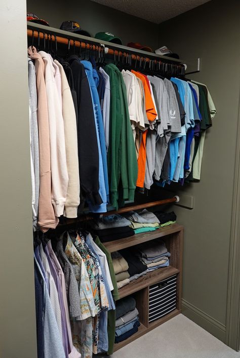 Boys closet makeover Mens Wardrobe Design, Boys Closet Ideas, Mens Closet Ideas, Boy Closet Organization, Mens Wardrobe Closet, How To Organize Clothes, Boys Closet Organization Ideas, Men’s Closet, Teen Boy Closet