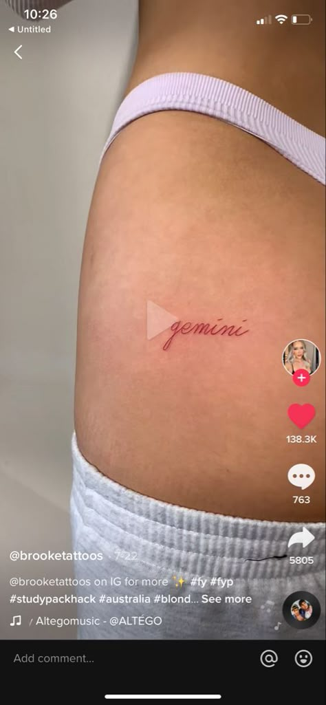 Small Gemini tattoo | red zodiac tattoo | small tattoos | #red #redink #redinktattoo #tats #tattoo #tattoos #gemini #ink #inked #tatted Pelvic Tattoos, Floral Thigh Tattoos, Aquarius Tattoo, Pink Tattoo, Sharpie Tattoos, Gemini Tattoo, Hip Tattoos Women, Writing Tattoos, Chest Tattoos For Women