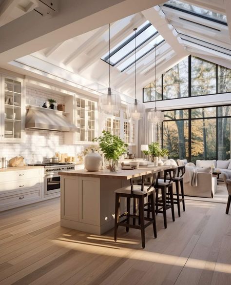 Window Ceiling Kitchen, High Kitchen Windows, Skylight In Dining Room, Open Roof Kitchen, Traditional Kitchen Extension, Open Bright Kitchen, Open Plan Kitchen Living Room Bay Window, Kitchen In Orangery, Kitchen Open To Sunroom