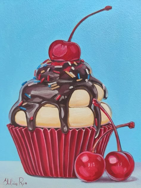 Painting FOR SALE. Original cupcake painting. Ukrainian artist - Yuliia Reshetnyk. The artist project "Loving Vincent". *Size: 20 x 15 cm *Materials: oil on panel . A good idea to give a touch of oil painting to your home, living room, kitchen, bedroom or office…perfect gifts for your relatives and friends. Painting With Food, Ice Cream Cone Drawing, Loving Vincent, Cupcake Painting, Diy Canvas Art Easy, Cartoon Art Drawing, Cupcake Drawing, Ice Cream Cupcakes, Cupcake Gift