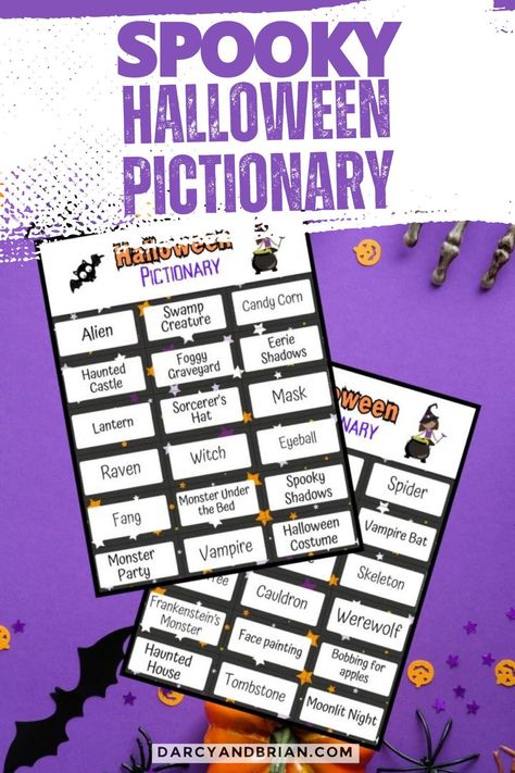 Halloween Blind Drawing Game, Halloween Pictionary Adults, Halloween Games Classroom, Halloween Pictionary For Kids, Halloween Pictionary Word List, Homeschool Halloween Party, Halloween Class Games, Halloween Charades For Kids, Halloween Guessing Game