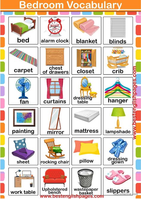 Bedroom Vocabulary: English ESL worksheets pdf & doc Bedroom Vocabulary English, Bedroom Vocabulary, Room Vocabulary, Teaching Nouns, English Primary School, Vocabulary English, Esl Vocabulary, English Vocab, Kids English