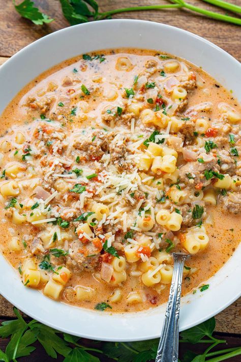 Creamy Parmesan Italian Sausage Soup Cheesy Italian Sausage Soup, No Bean Soup Recipes, Mild Sausage Crockpot Recipes, Crock Pot Meals That Can Cook All Day, Dinners Husband Will Love, Easy Week Day Lunches, Light Delicious Dinner, Soup Recipes For Summer, Healthy But Tasty Recipes Dinners