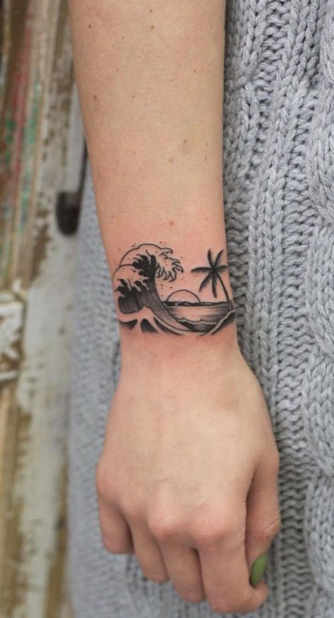 Beach Theme Tattoos, Ocean Theme Tattoos, Beach Inspired Tattoos, Ankle Tattoo Men, Small Beach Tattoos, Beach Tattoo Ideas, Wrist Band Tattoo, Sunset Tattoos, Forearm Band Tattoos