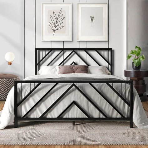 CraftPorch Classic Geometric Slat Metal Platform Bed - On Sale - Bed Bath & Beyond - 37837434 Bed Metal Design, Steel Headboard Ideas, Metal Frame Beds, Metalic Bed Design Modern, Modern Metal Bed Frame Design, Modern Metal Bed Frame, Metallic Bed Designs, Bar Bed Frame, Steel Bed Frame Ideas