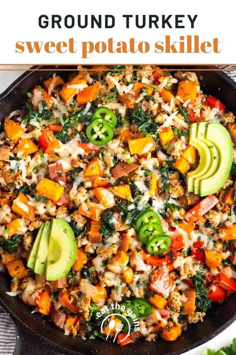 Ground Turkey Sweet Potato Bowl, Ground Turkey Sweet Potato Bake, Ground Turkey And Sweet Potato Recipe, Ground Turkey Sweet Potato Skillet, Turkey Sweet Potato Skillet, Ground Turkey Sweet Potato, Healthy Skillet Meals, Healthy Diners, Turkey Sweet Potato