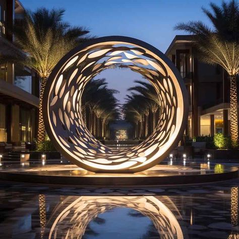 circle sculpture, metal circle sculpture, light sculpture, hollow sculpture, large sculpture, outdoor sculpture, art sculpture, circle art sculpture, large metal sculpture White Villa, Water Sculpture, Desert Bloom, Architectural Lighting Design, Sculpture Exhibition, Public Artwork, Concrete Sculpture, Public Sculpture, Metal Circle