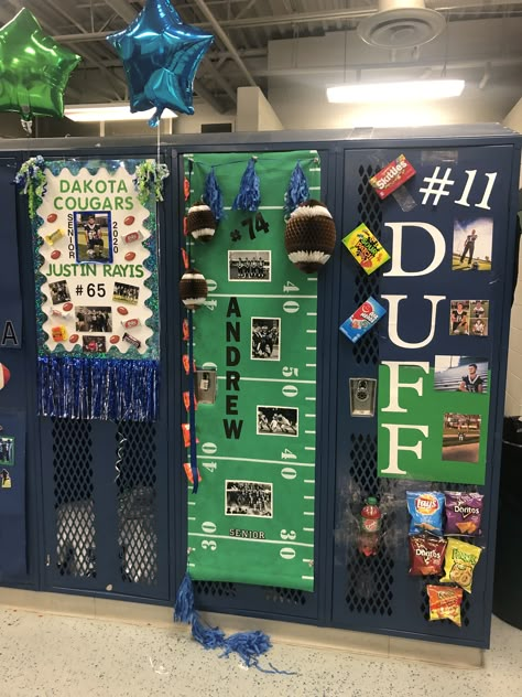 Homecoming Locker Room Decorations Football, Decorating Senior Football Locker, Decorated Lockers For Sports, Hoco Locker Decorations Football, Senior Night Locker Decorations Football, Decorating Football Lockers, Senior Locker Decorations Football, Decorating Football Players Lockers, Decorating Lockers For Sports