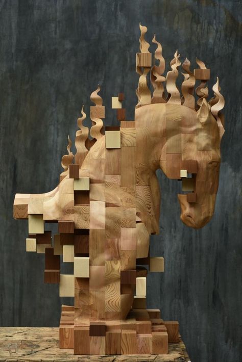 Hsu Tung Han - Pixelated Wood #Sculpture Pixel Sculpture, Andermatt, Carved Wood Sculpture, Horse Sculpture, Wooden Sculpture, Sculpture Installation, Horse Head, Horse Art, Animal Sculptures