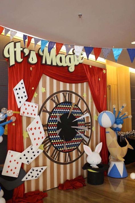 Maxwell's Birthday Party, Magic Theme; Dreamflavours Celebration Jakarta, PartyPlanner, Game Corner | CatchMyParty.com Magician Birthday Party Games, Magic Decorations Party, Magician Party Ideas, Magic Theme Birthday Party, Magic Theme Party, Magic Party Theme, Magic Party Ideas, Birthday Party Decorating Ideas, Magician Birthday Party