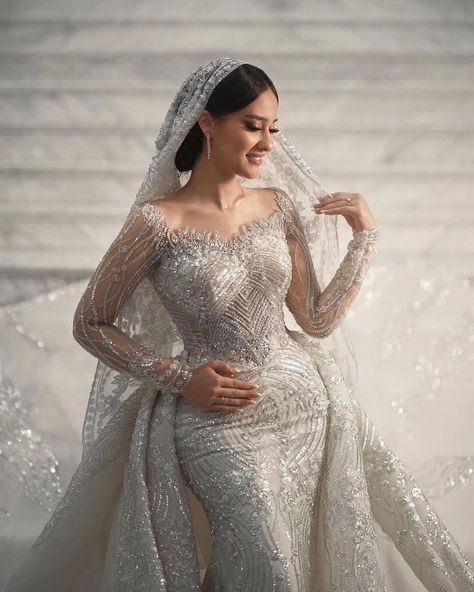 Wedding Outfits With Hijab, Wedding Dresses Arab, Exotic Wedding Dress, Outfits With Hijab, Elegant Long Sleeve Wedding Dresses, Dress Outfits Fall, Arabic Wedding Dresses, Fashion Designer Aesthetics, Arabic Fashion