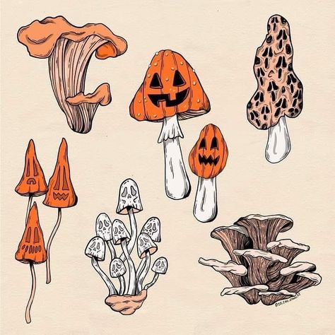 Halloween Daily Posts on Instagram: “Booshrooms! Spooky Halloween Mushrooms ! 🍄 🎃 Seen on Facebook not sure of artist but glad to give credit if anybody knows who made this!…” Spooky Mushrooms, Halloween Mushrooms, Halloween Flash, Image Halloween, Spooky Szn, Mushroom Art, Sketchbook Art Inspiration, Halloween Art, Halloween Fall