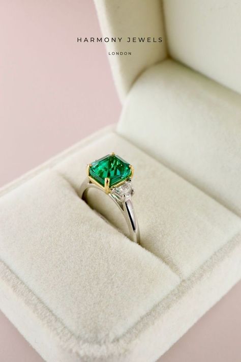 Look at this Beautiful 1.80ct Green Square Emerald with Cadillac shape diamond on either side Bespoke Engagement Ring. Personalisation is so priceless, when custom designing your engagement ring. It truly is the best way to make your ring. YOUR RING! Why choose from what already exists, when you can custom design your ring yourself?! Green Emerald Engagement Ring, Emerald Engagement Ring Green, Emerald Jewellery, Bespoke Engagement Ring, Green Square, Emerald Engagement, Emerald Engagement Ring, Emerald Jewelry, Green Emerald