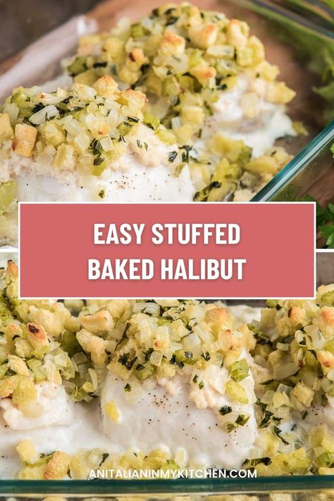 Baked Halibut, is a delicious stuffed fish recipe. Topped with seasoned breadcrumb stuffing. This is an easy recipe and a perfect any occasion dinner idea. Crab Stuffed Halibut Recipes, Stuffed Baked Fish, Stuffed White Fish Recipes, Stuffed White Fish, Breadcrumb Stuffing, Stuffed Halibut, Stuffed Fish Recipes, Halibut Recipes Baked, Baked Fish Recipe