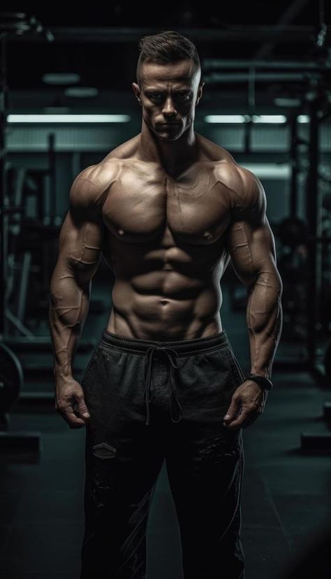 Muscular bodybuilder male athlete demonstrates her body in the gym. Generative AI Fitness Stock Photos, Bodybuilding Poses Men, Good Physique Men, Bodybuilder Photoshoot, Gym Photoshoot Male, Athletic Body Men, Mens Fitness Photoshoot, Building Photoshoot, Fitness Photoshoot Poses