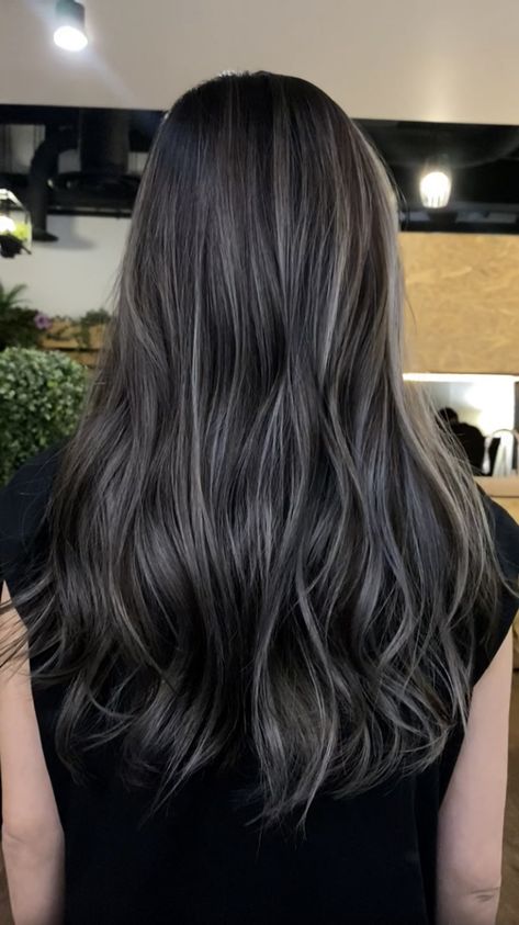 Highlites For Dark Hair Brunettes, Ash On Black Hair, Balayage Hair Gray Ash Blonde, Hair Color Ash Brown Highlights, Dark Gray Highlights On Dark Hair, Ash Highlights Dark Hair, Dark Ash Brown Highlights On Black Hair, Dark Ash Highlights On Dark Hair, Ash Gray Highlights On Brown Hair